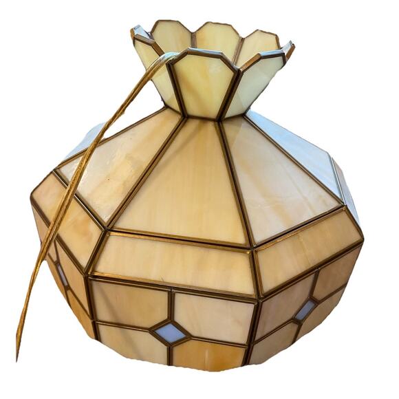 Vtg Tiffany Style Slag Stained Glass Hanging Swag Light Cream/Gold/Blue Plug In - Picture 1 of 16